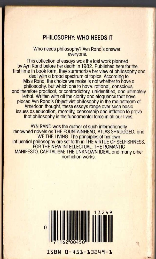 Ayn Rand  PHILOSOPHY: WHO NEEDS IT magnified rear book cover image