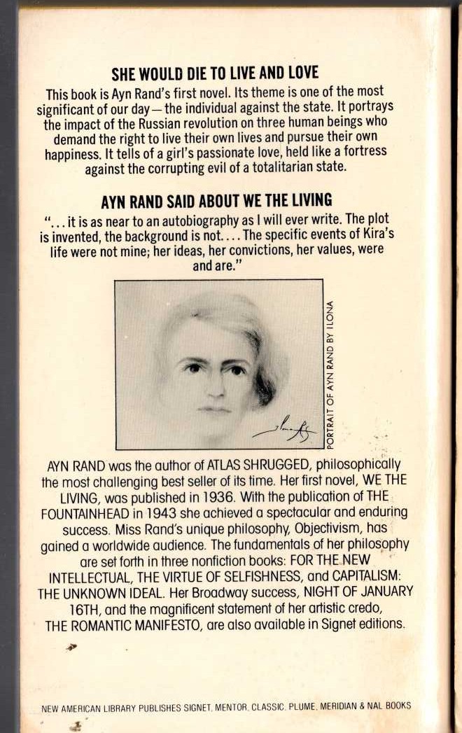 Ayn Rand  WE THE LIVING magnified rear book cover image