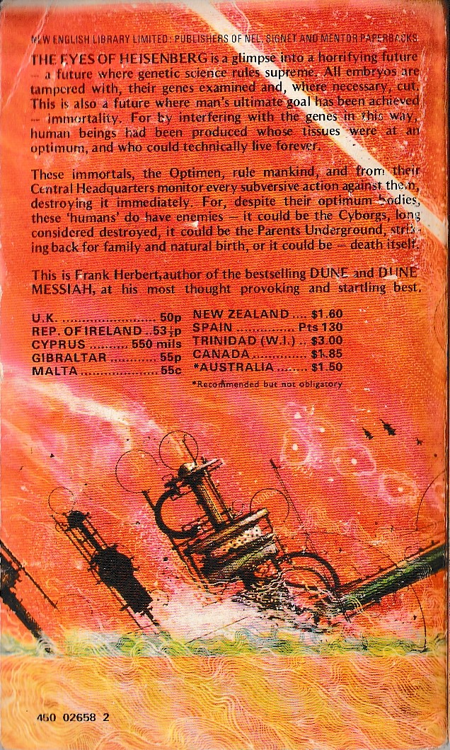 Frank Herbert  THE EYES OF HEISENBERG magnified rear book cover image