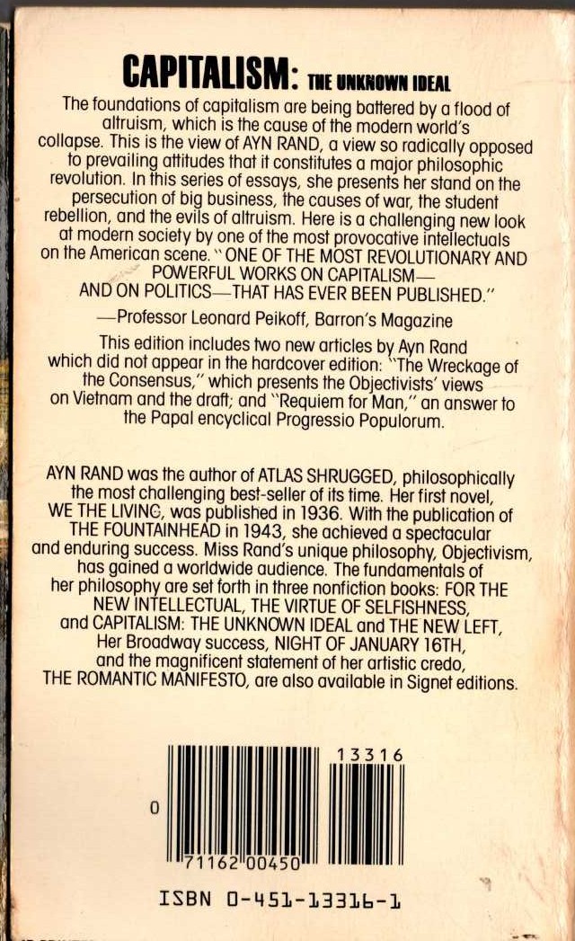 Ayn Rand  CAPITALISM: THE UNKNOWN IDEAL magnified rear book cover image