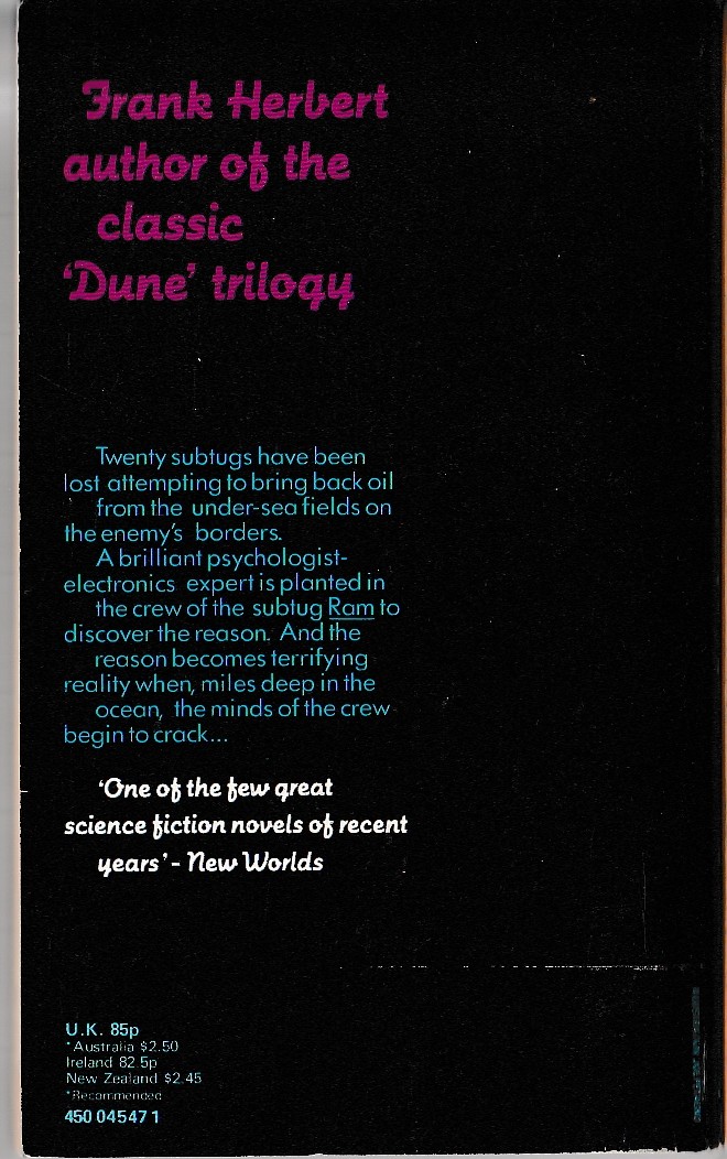 Frank Herbert  THE DRAGON IN THE SEA magnified rear book cover image