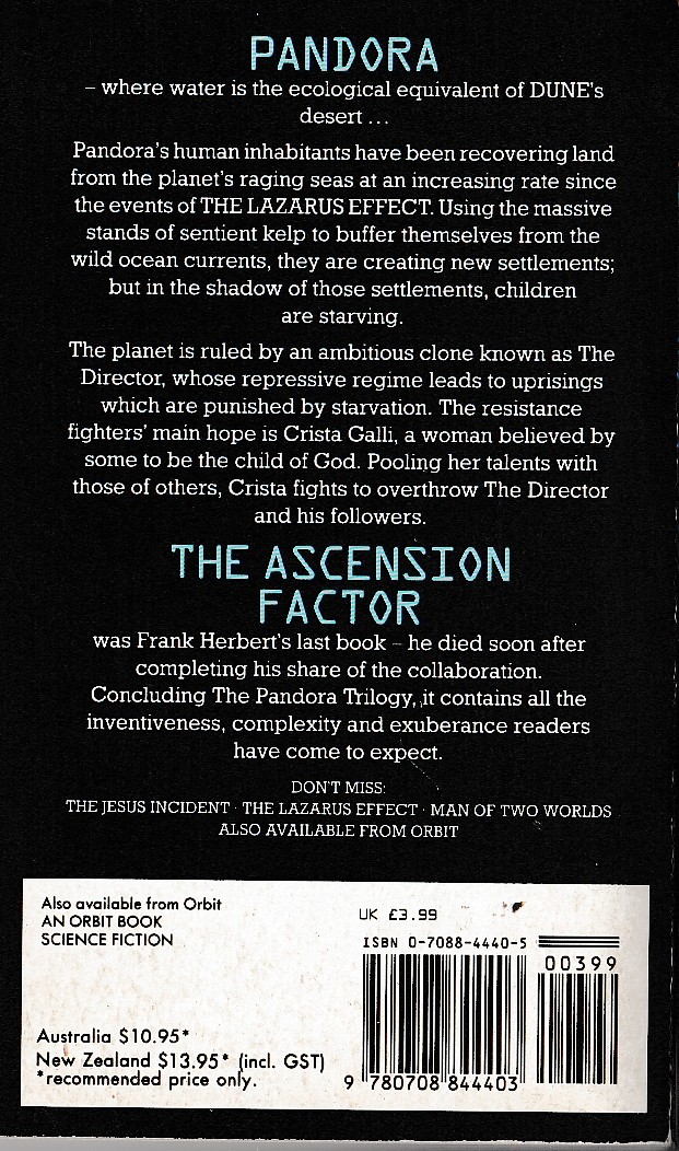 (Frank Herbert & Bill Ransom) THE ASCENSION FACTOR magnified rear book cover image