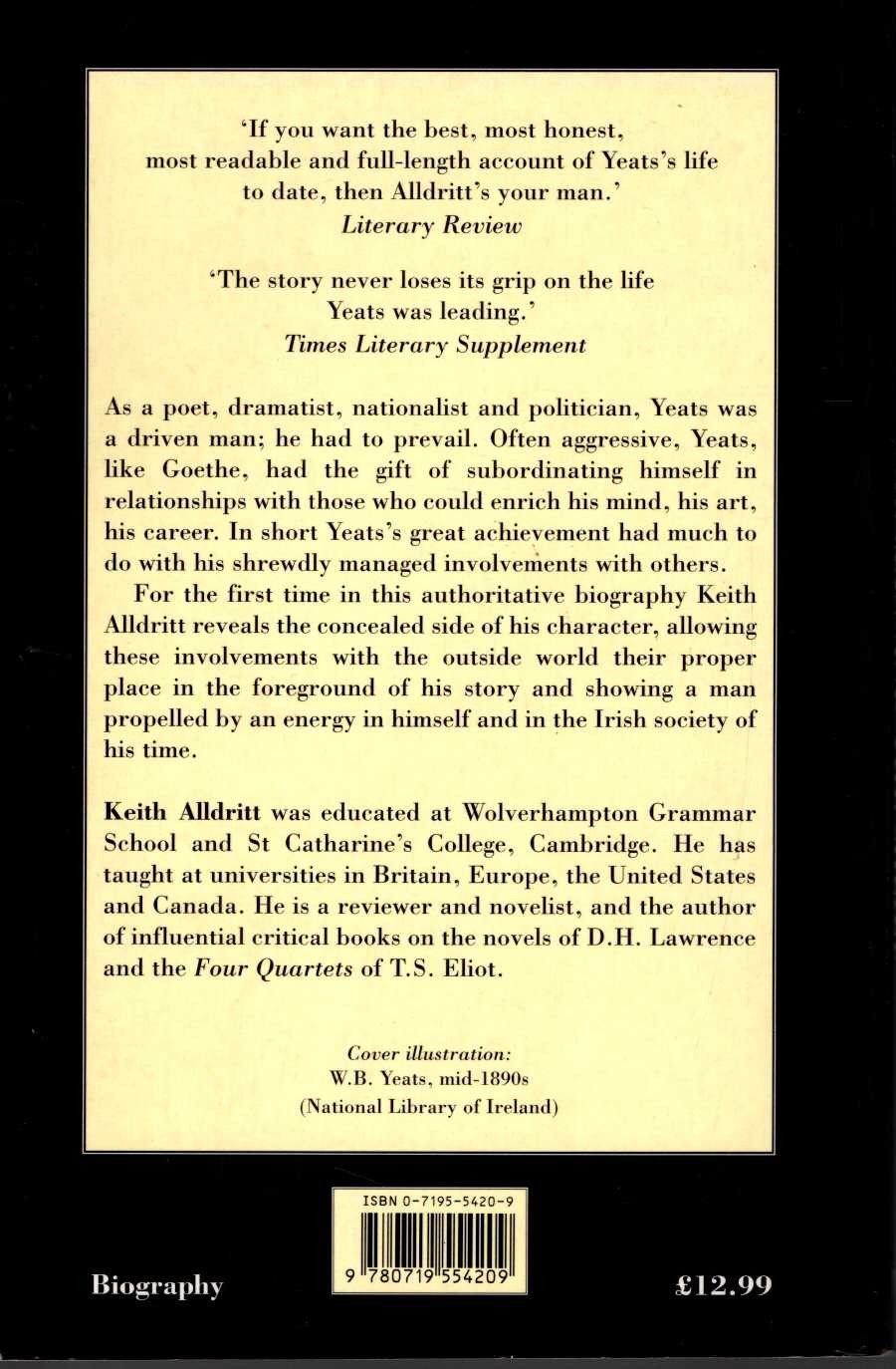 Keith Alldritt  W.B.YEATS. The Man and the Milieu (Biography) magnified rear book cover image