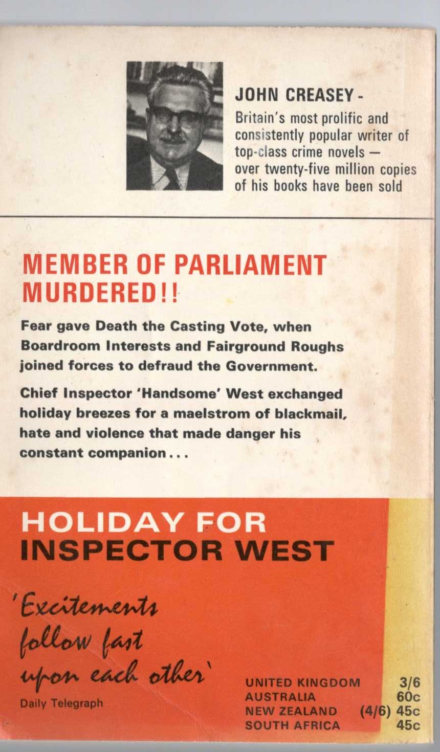 John Creasey  HOLIDAY FOR INSPECTOR WEST magnified rear book cover image