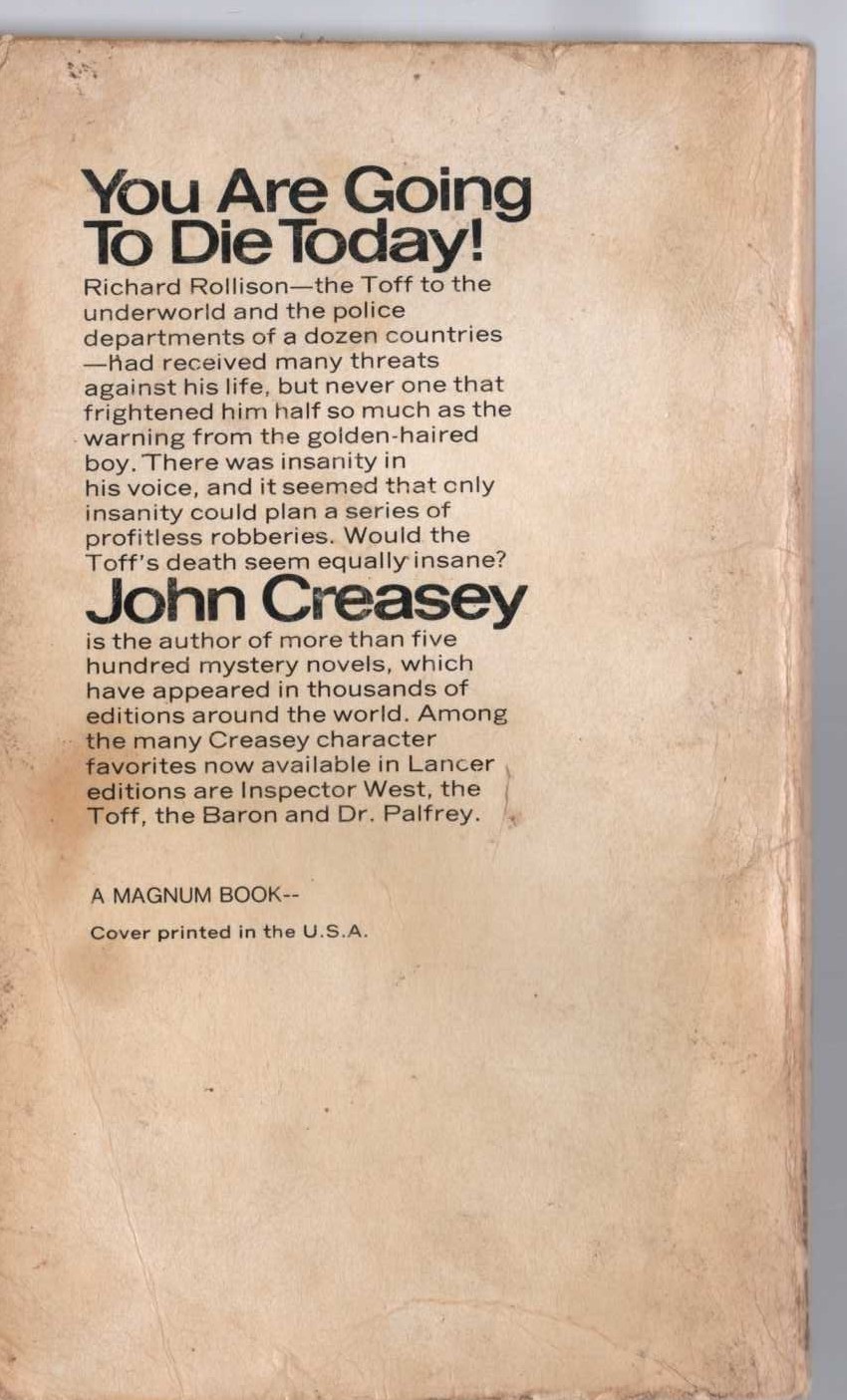John Creasey  THE TOFF AND THE GOLDEN BOY magnified rear book cover image