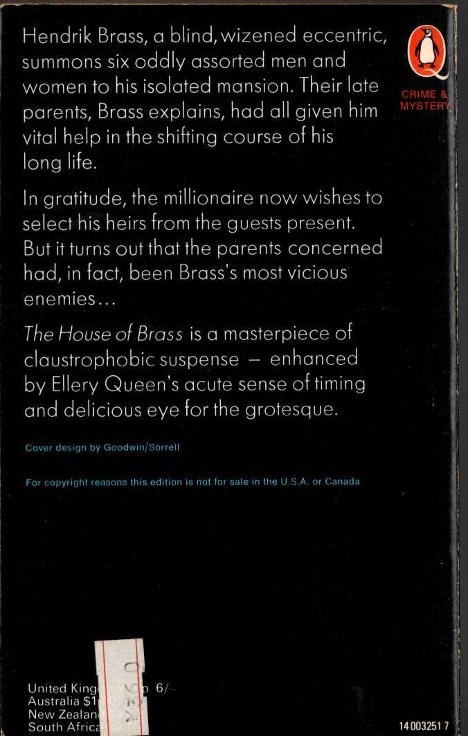 Ellery Queen  THE HOUSE OF BRASS magnified rear book cover image