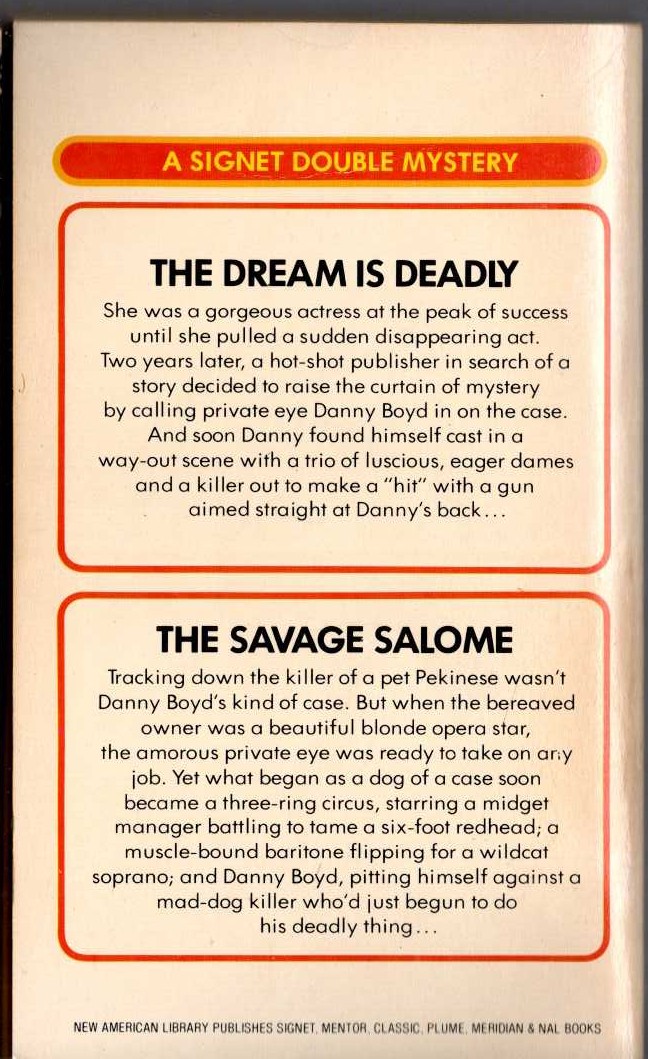 Carter Brown  THE DREAM IS DEADLY and THE SAVAGE SALOME magnified rear book cover image