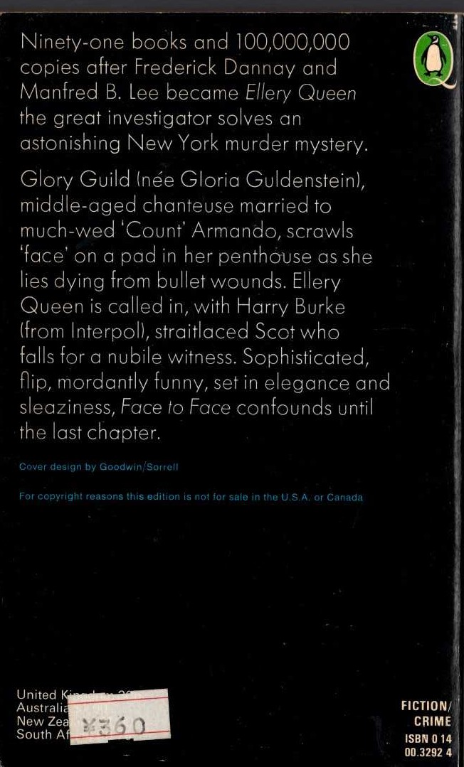 Ellery Queen  FACE TO FACE magnified rear book cover image