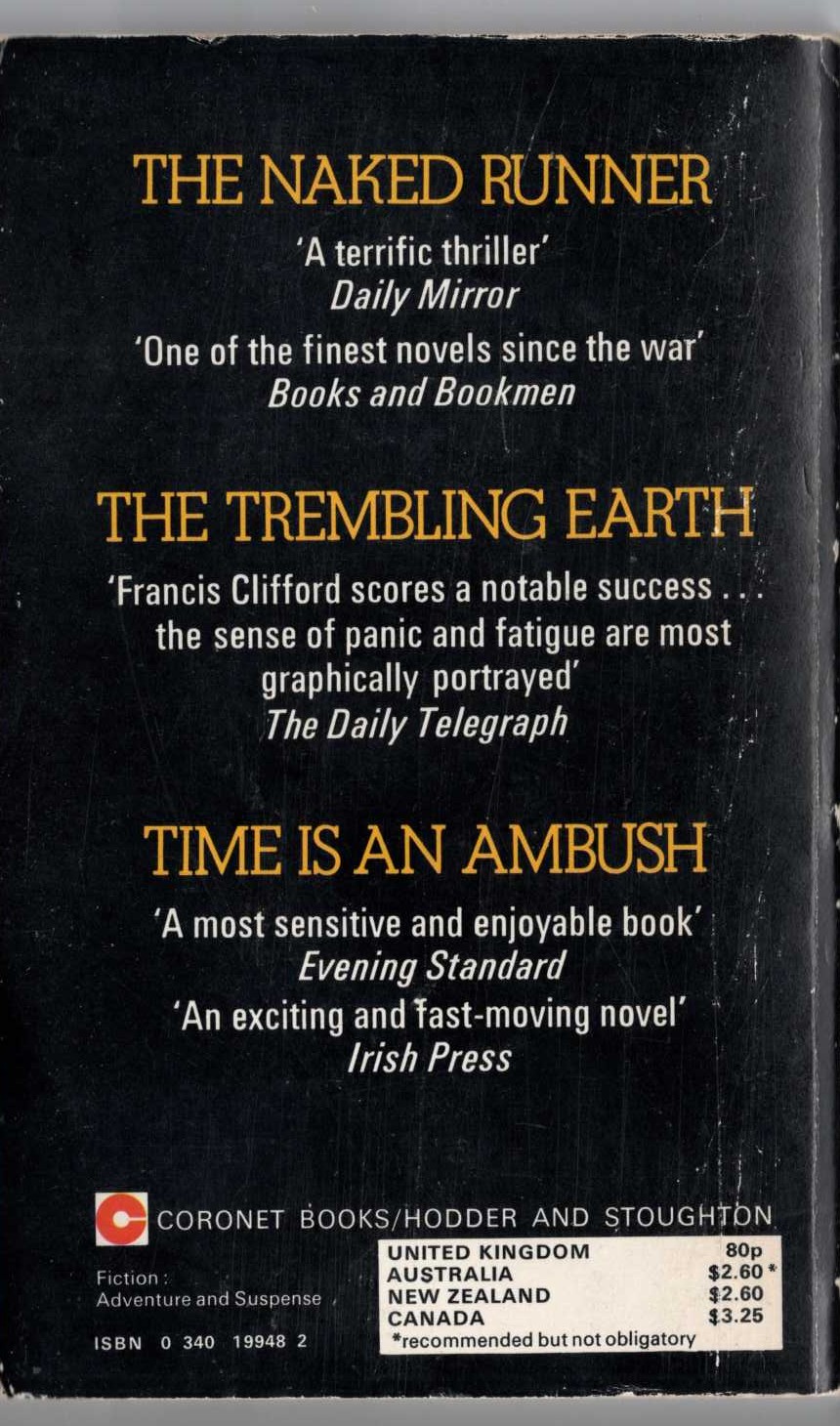 Francis Clifford  THE NAKED RUNNER / THE TREMBLING EARTH / TIME IS AN AMBUSH magnified rear book cover image