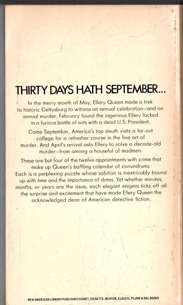Ellery Queen  CALENDAR OF CRIME magnified rear book cover image