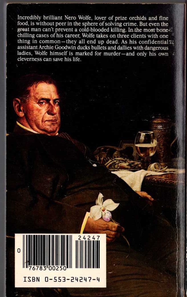 Rex Stout  TROUBLE IN TRIPLICATE magnified rear book cover image