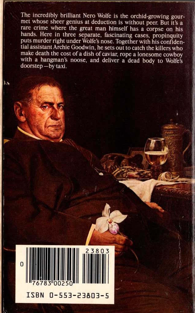 Rex Stout  THREE AT WOLFE'S DOOR magnified rear book cover image