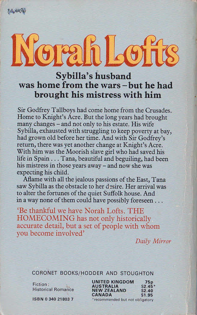 Norah Lofts  THE HOMECOMING magnified rear book cover image