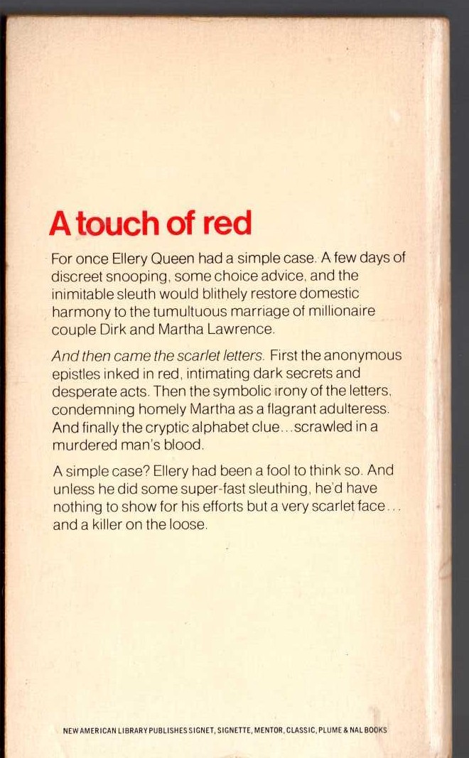 Ellery Queen  THE SCARLET LETTERS magnified rear book cover image