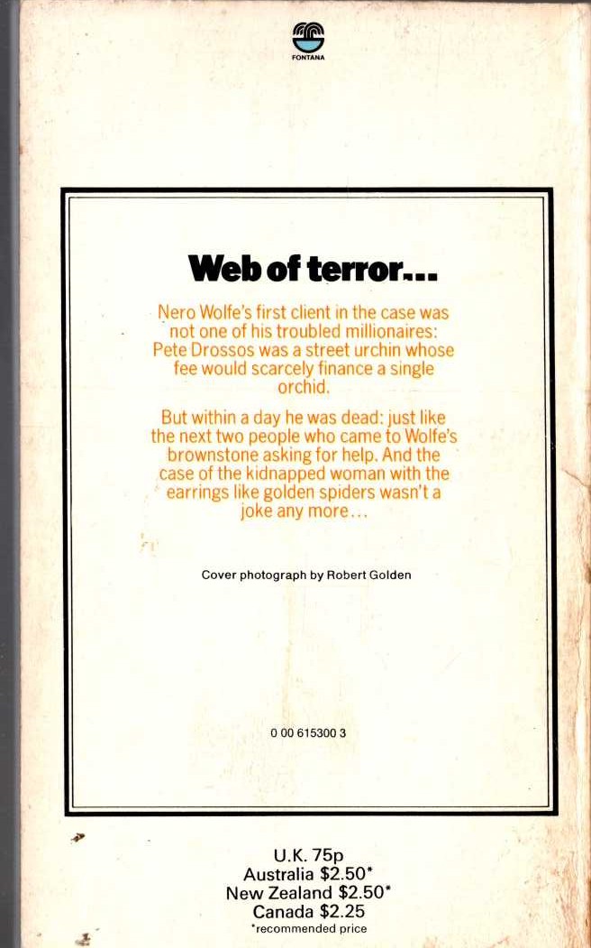 Rex Stout  THE GOLDEN SPIDERS magnified rear book cover image