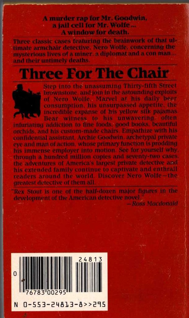Rex Stout  THREE FOR THE CHAIR magnified rear book cover image