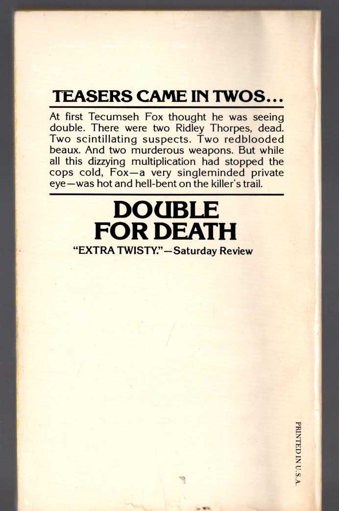 Rex Stout  DOUBLE FOR DEATH magnified rear book cover image