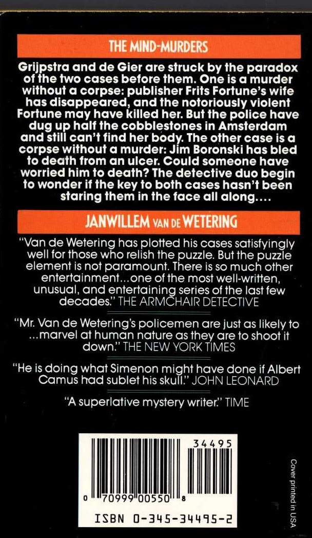 Janwillem van de Wetering  THE MIND-MURDERS magnified rear book cover image