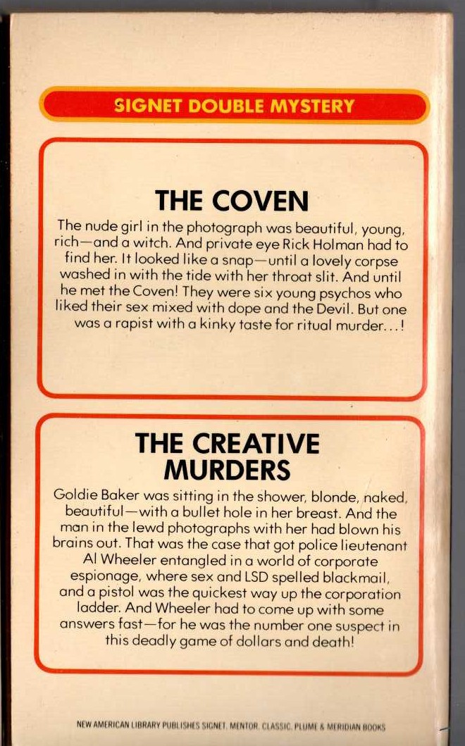 Carter Brown  THE COVEN and THE CREATIVE MURDERS magnified rear book cover image