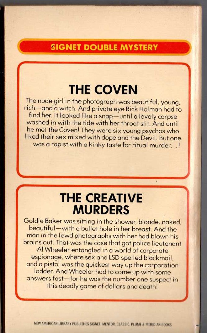 Carter Brown  THE COVEN and THE CREATIVE MURDERS magnified rear book cover image