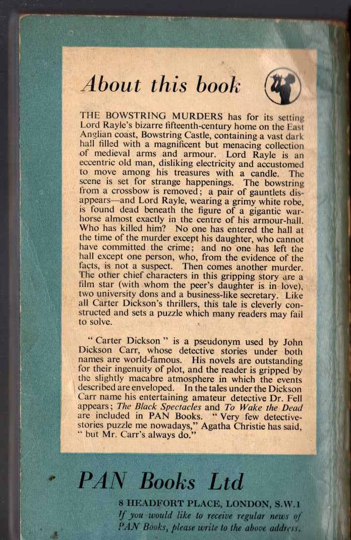 Carter Dickson  THE BOWSTRING MURDERS magnified rear book cover image