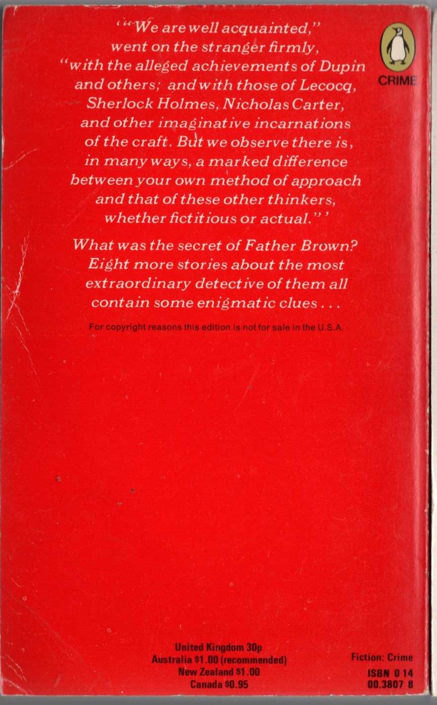 G.K. Chesterton  THE SECRET OF FATHER BROWN magnified rear book cover image