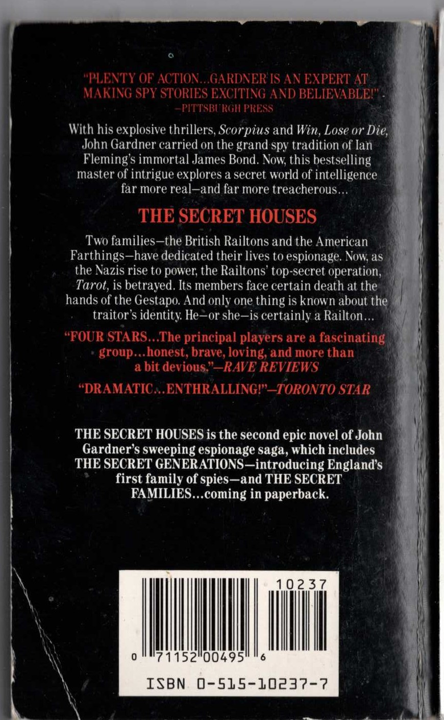 John Gardner  THE SECRET HOUSES magnified rear book cover image