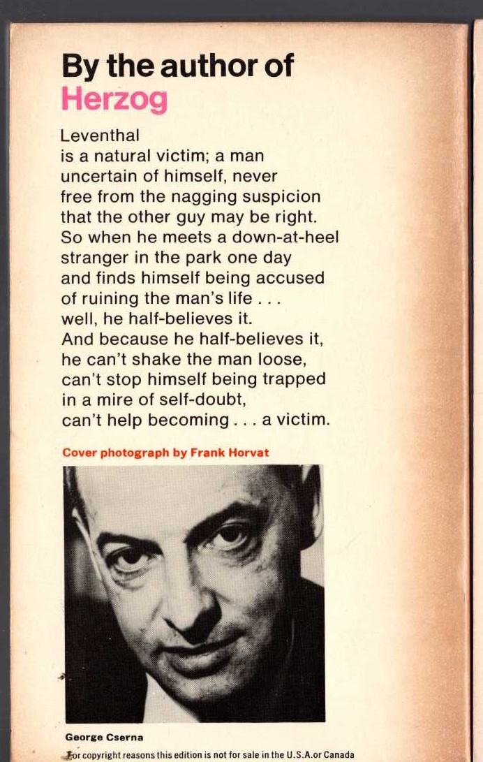 Saul Bellow  THE VICTIM magnified rear book cover image