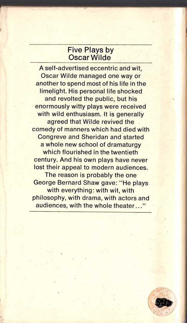 Oscar Wilde  FIVE PLAYS (Introduction by Hesketh Pearson): THE IMPORTANCE OF BEING EARNEST/ THE IDEAL HUSBAND/ A WOMAN OF NO IMPORTANCE/ LADY WINDERMERE'S FAN/ SALOME magnified rear book cover image