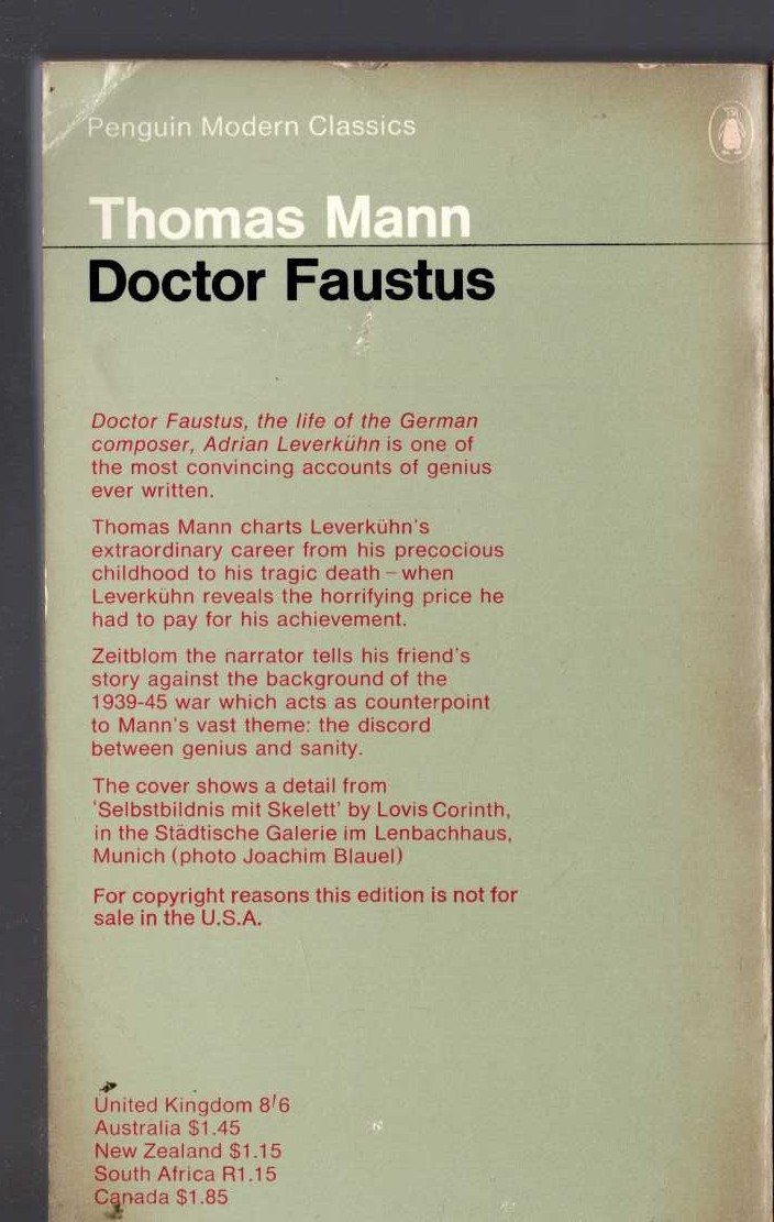 Thomas Mann  DOCTOR FAUSTUS magnified rear book cover image