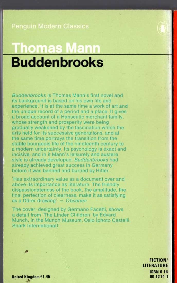 Thomas Mann  BUDDENBROOKS magnified rear book cover image