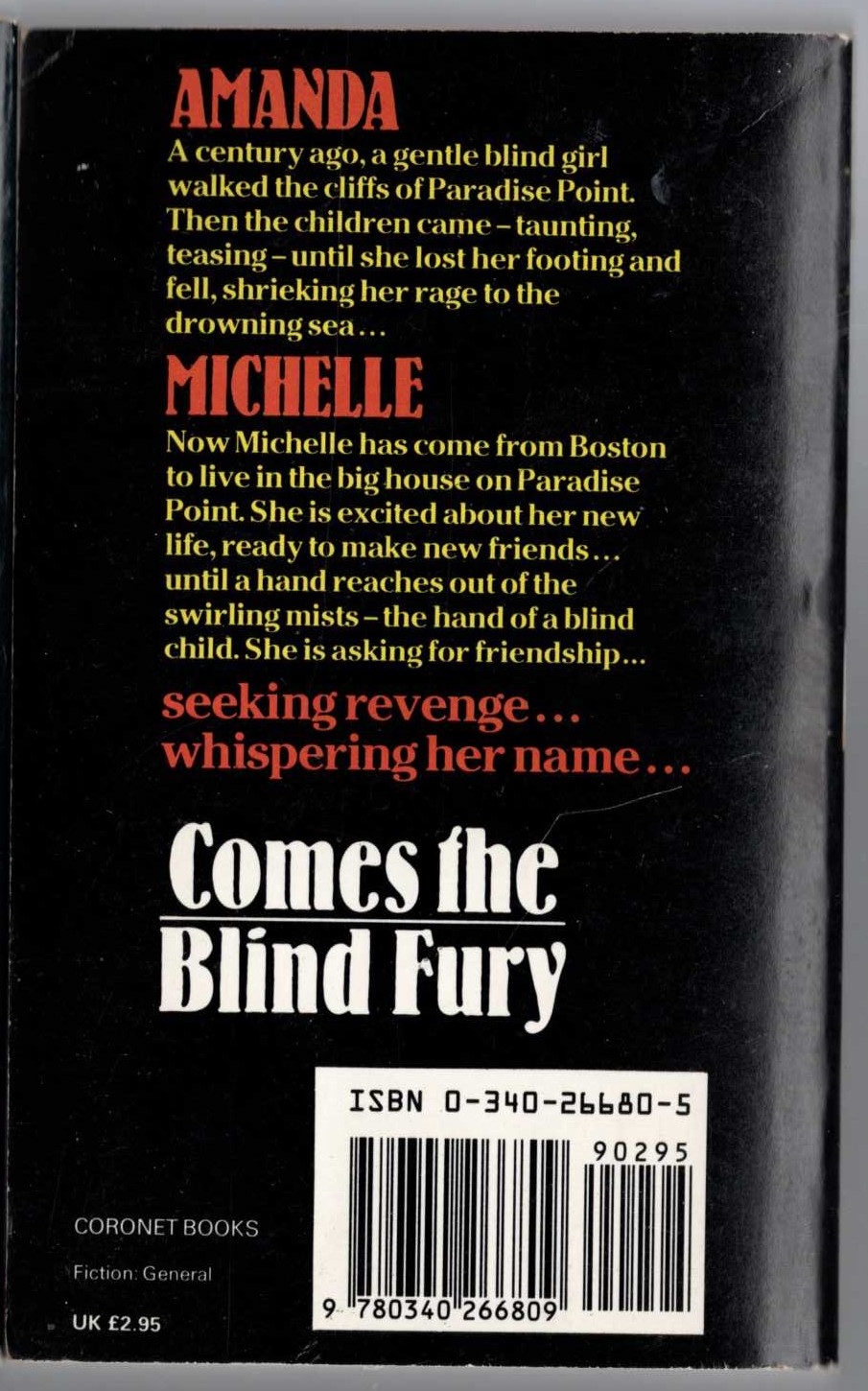 John Saul  COMES THE BLIND FURY magnified rear book cover image