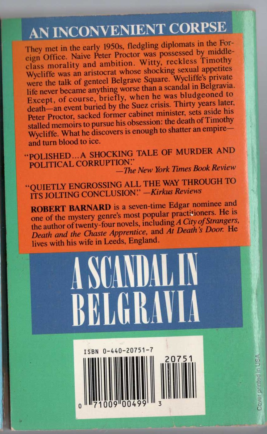 Robert Barnard  A SCANDAL IN BELGRAVIA magnified rear book cover image