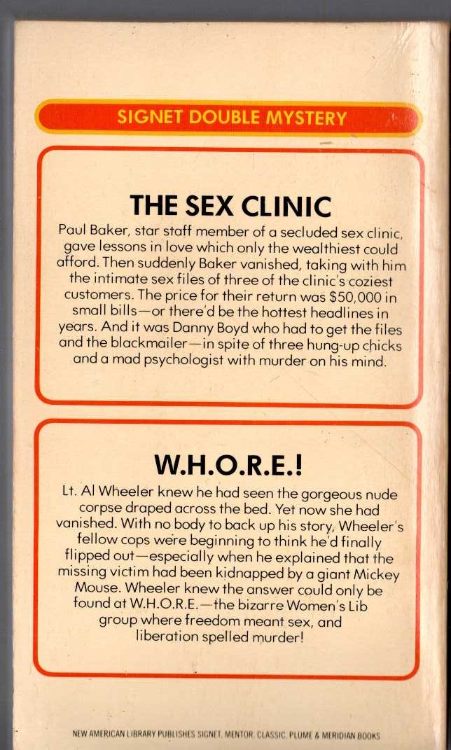 Carter Brown  THE SEX CLINIC and W.H.O.R.E.! magnified rear book cover image