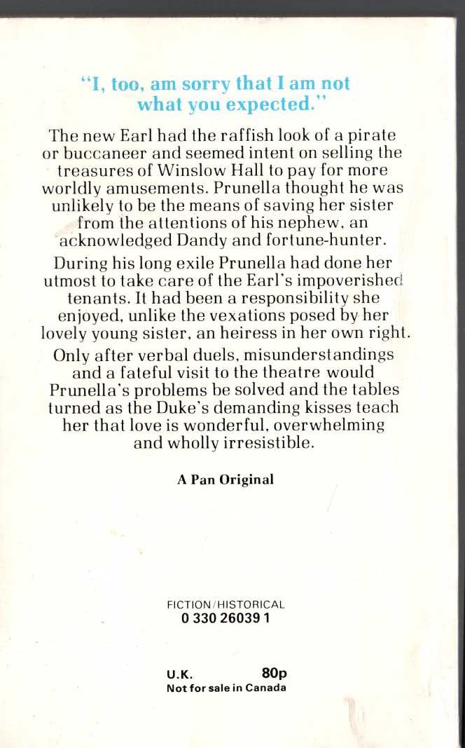 Barbara Cartland  THE PRUDE AND THE PRODIGAL magnified rear book cover image