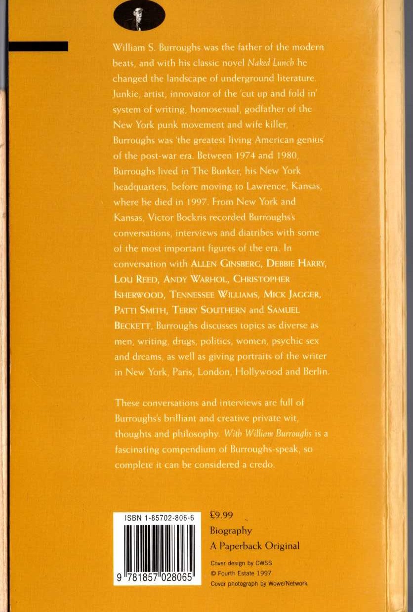 (Victor Bockris) WITH WILLIAM BURROUGHS. Private conversations with a modern genius magnified rear book cover image