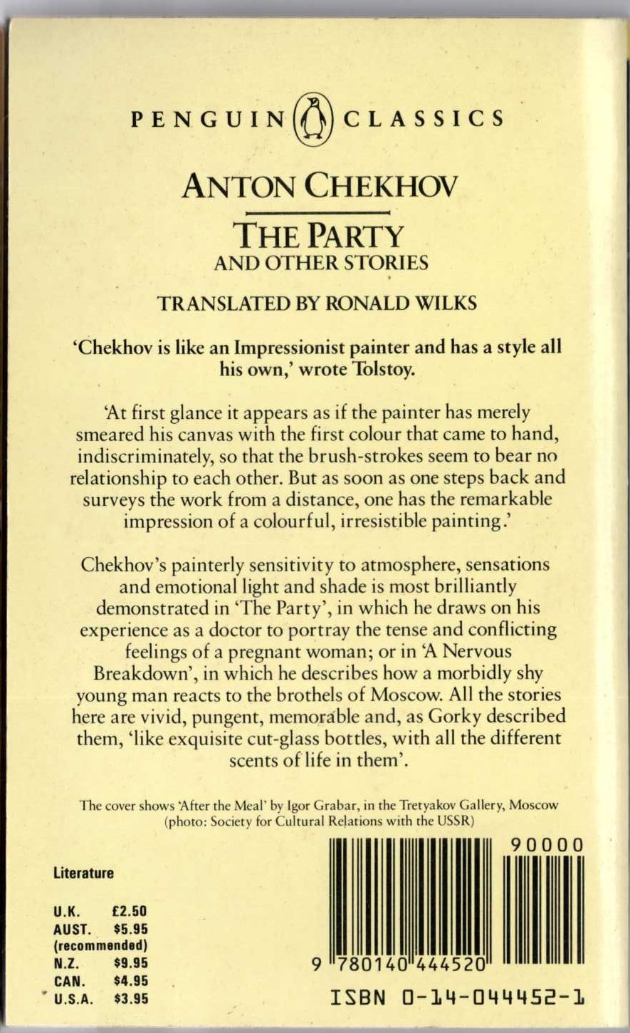 Anton Chekhov  THE PARTY and other stories magnified rear book cover image
