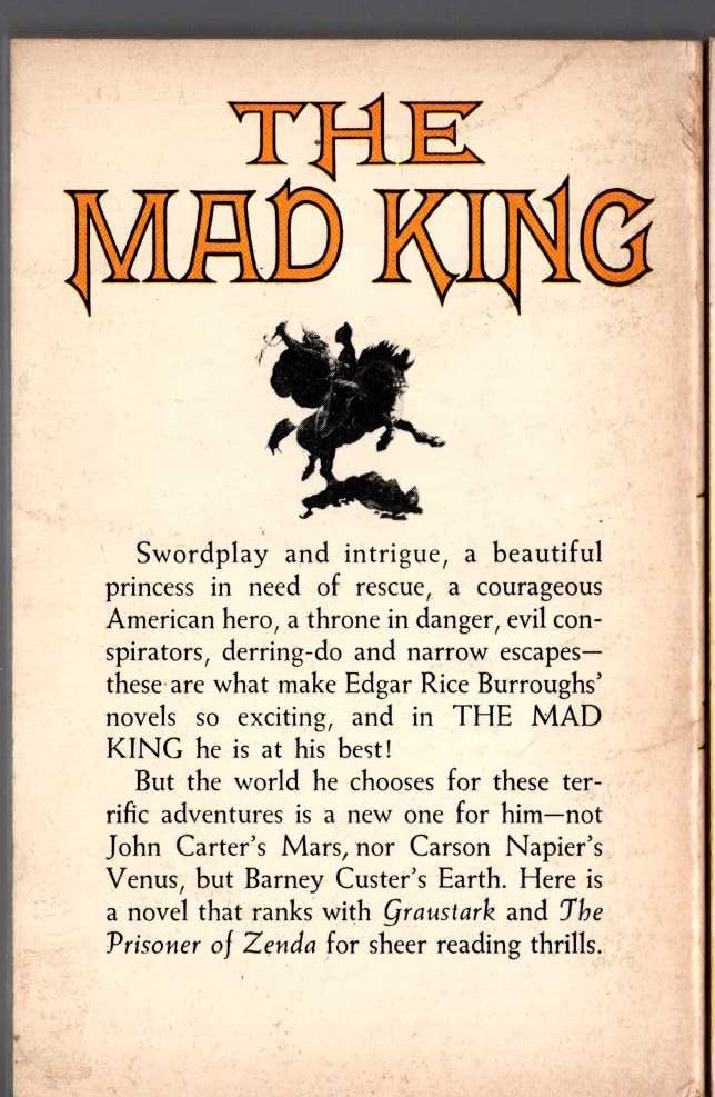 Edgar Rice Burroughs  THE MAD KING magnified rear book cover image