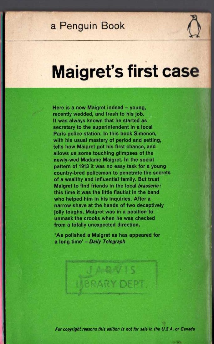 Georges Simenon  MAIGRET'S FIRST CASE magnified rear book cover image