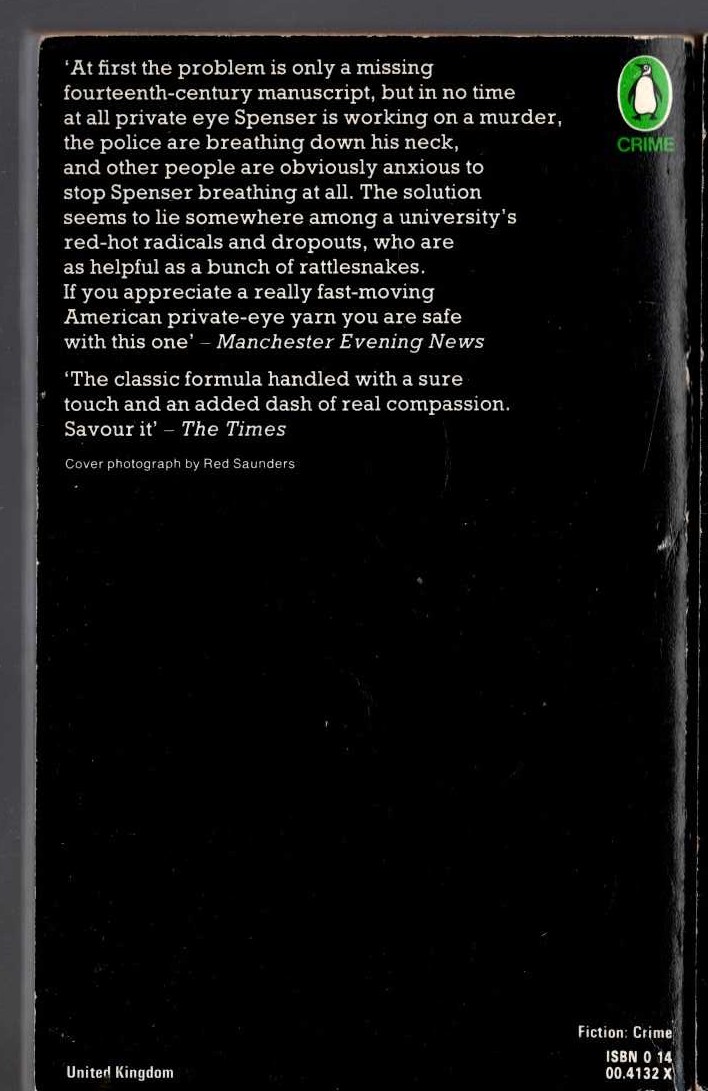 Robert B. Parker  THE GODWULF MANUSCRIPT magnified rear book cover image