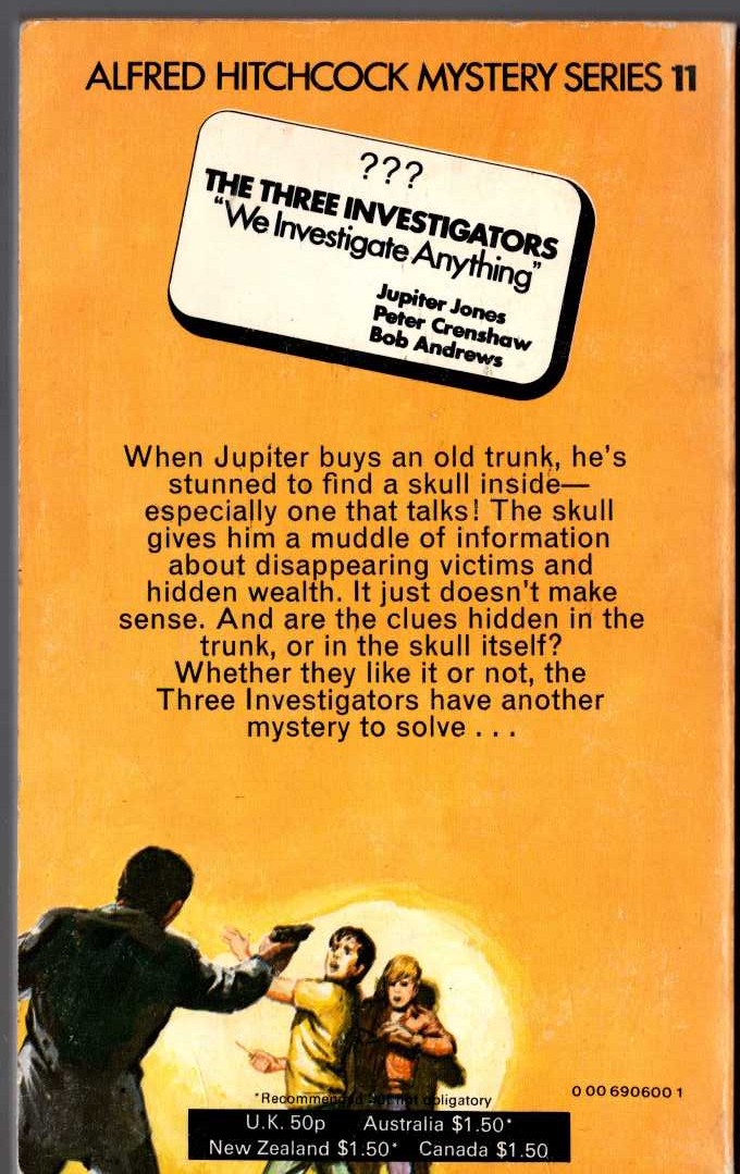 Alfred Hitchcock (introduces_The_Three_Investigators) THE MYSTERY OF THE TALKING SKULL magnified rear book cover image
