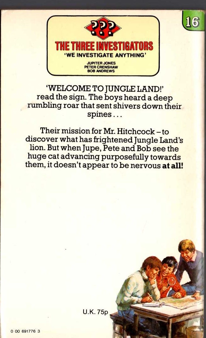 Alfred Hitchcock (introduces_The_Three_Investigators) THE MYSTERY OF THE NERVOUS LION magnified rear book cover image