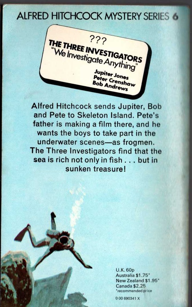 Alfred Hitchcock (introduces_The_Three_Investigators) THE SECRET OF SKELETON ISLAND magnified rear book cover image