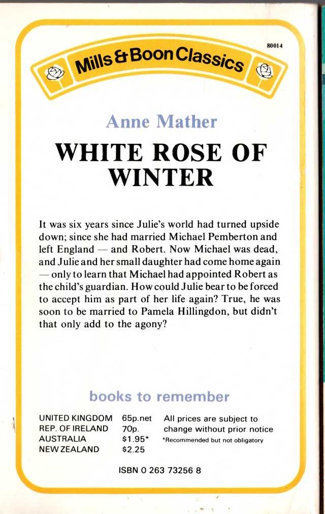 Anne Mather  WHITE ROSE OF WINTER magnified rear book cover image