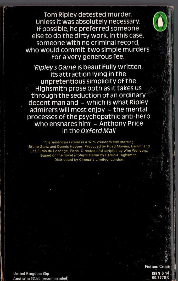 Patricia Highsmith  RIPLEY'S GAME (Film tie-in: The America Friend) magnified rear book cover image