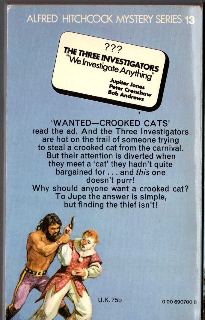 Alfred Hitchcock (introduces_The_Three_Investigators) THE SECRET OF THE CROOKED CAT magnified rear book cover image
