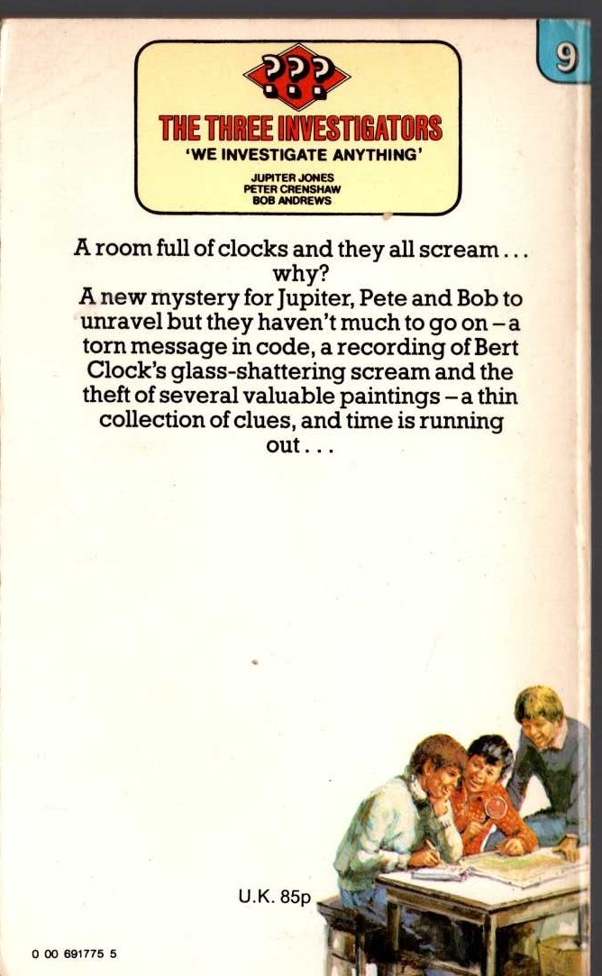Alfred Hitchcock (introduces_The_Three_Investigators) THE MYSTERY OF THE SCREAMING CLOCK magnified rear book cover image