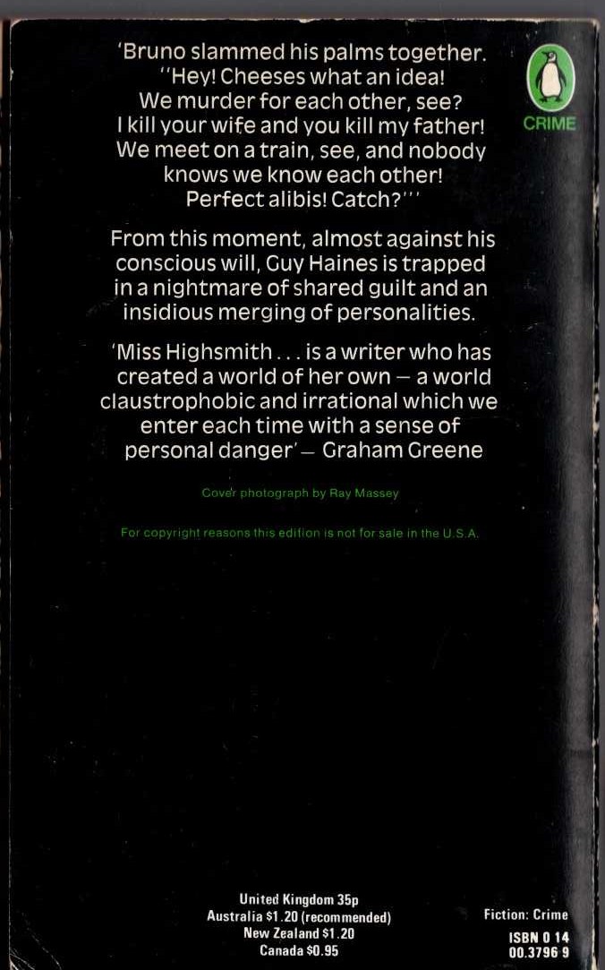 Patricia Highsmith  STRANGERS ON A TRAIN magnified rear book cover image
