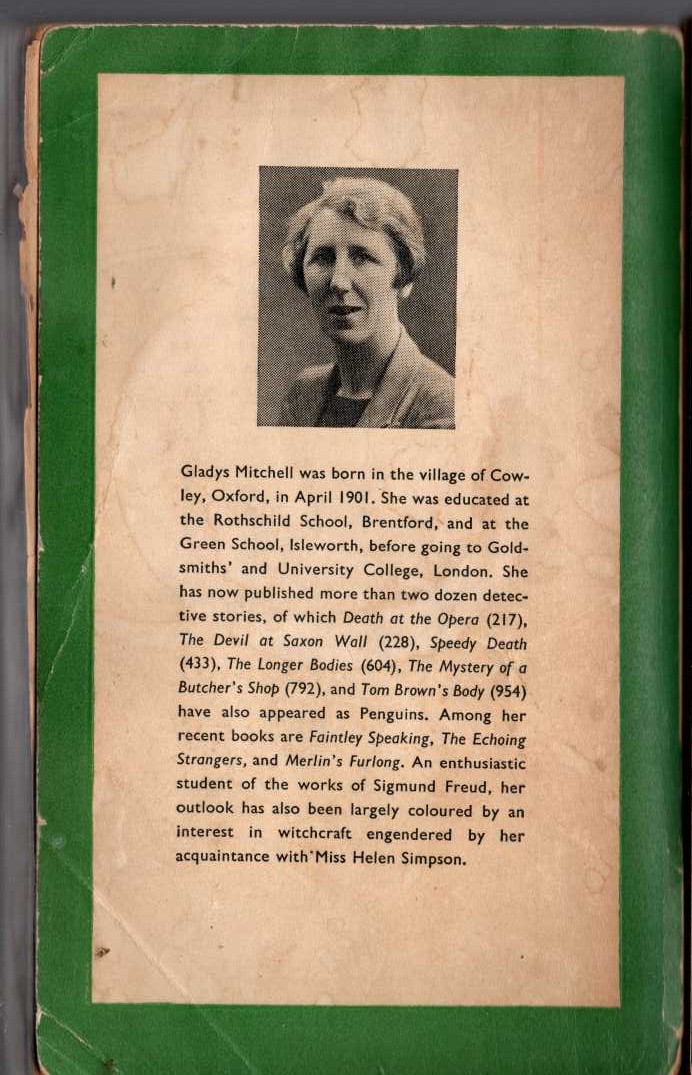 Gladys Mitchell  COME AWAY, DEATH magnified rear book cover image