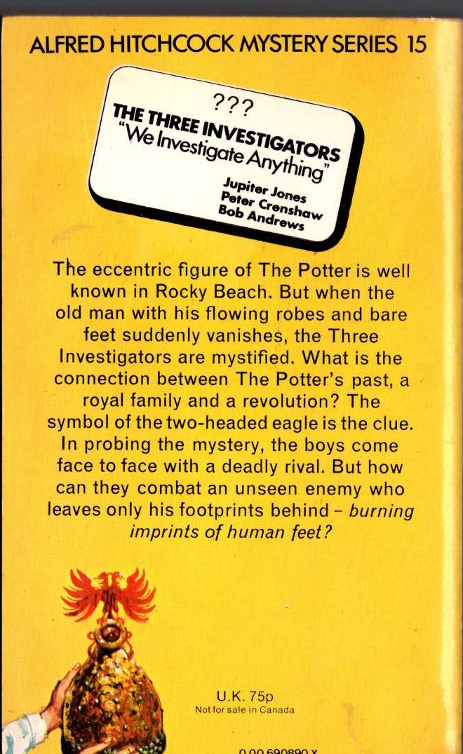 Alfred Hitchcock (introduces_The_Three_Investigators) THE MYSTERY OF THE FLAMING FOOTPRINTS magnified rear book cover image